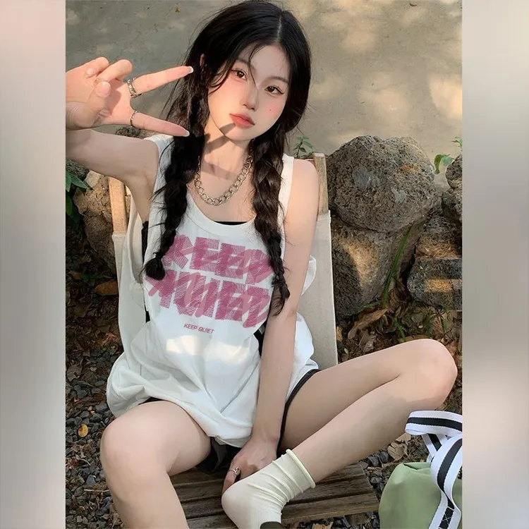 纯棉美式复古白色背心女外穿运动篮球服上衣夏季小众无袖t恤潮ins