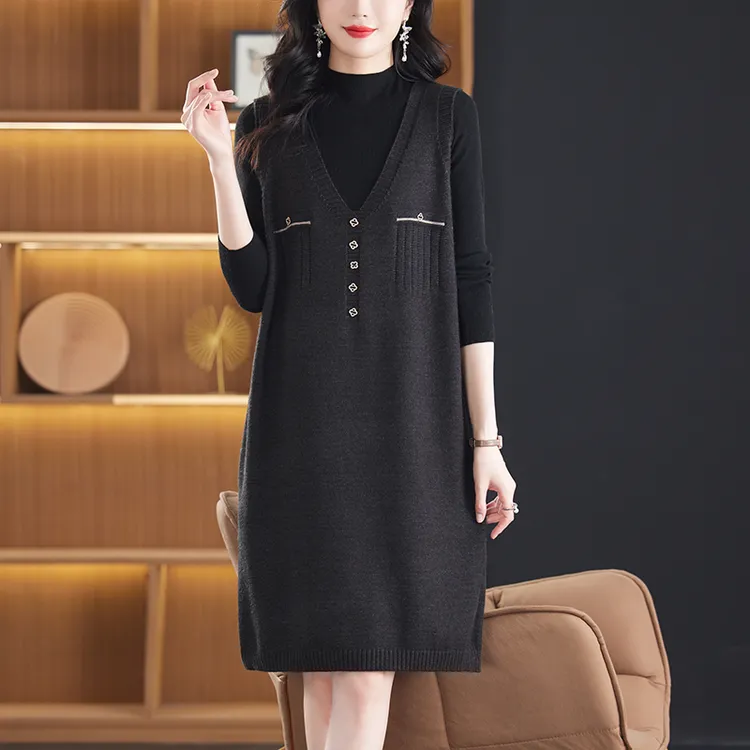 打底衫连衣裙两件套秋冬中长款毛衣背心马甲裙宽松大码套装女马夹