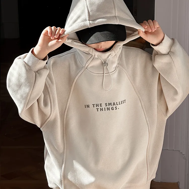 男童字母加绒一体绒连帽卫衣秋冬2025儿童休闲加厚保暖上衣中大童