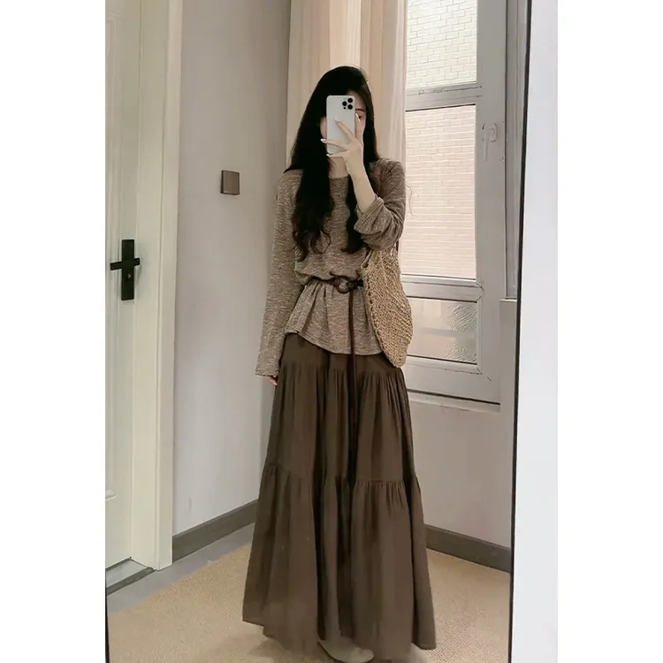 2025秋季新款女韩系穿搭修身圆领系带长袖上衣气质高腰褶皱半身裙