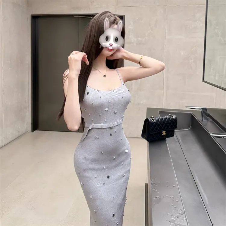 法式吊带亮片针织连衣裙女夏季名媛风纯欲气质修身显瘦紧身包臀裙