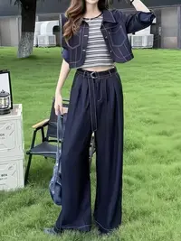 休闲风通勤三件套高腰裤子条纹背心百搭开衫时尚高级套装