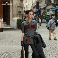 JIAXINXQING街头风休闲百搭灰色拼接红色POLO领短袖上衣女设计款