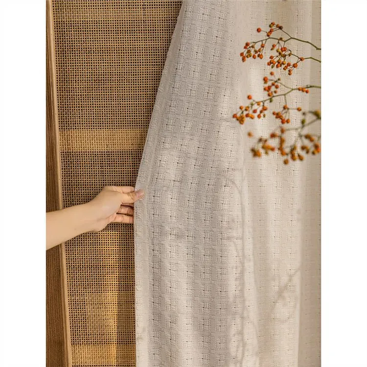 日式奶油华夫格窗帘米色棉麻纱帘透光不透人法式飘窗卧室客厅帘