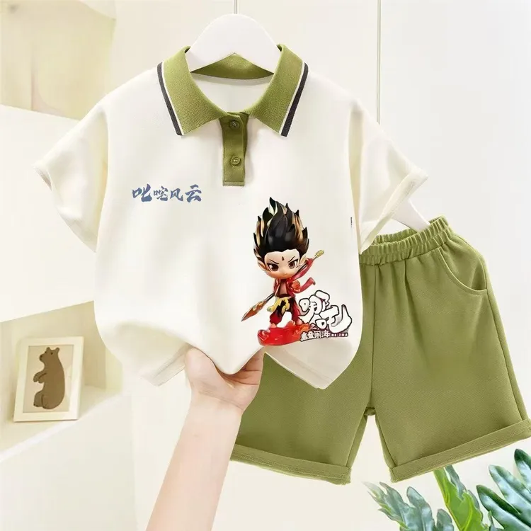 【清】夏日小清新~哪吒闹海立领敖丙纯棉套款polo衫短袖两件套9138
