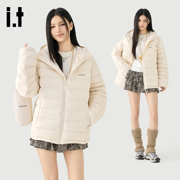 i.t GROUNDZERO三防可收纳轻薄90白鸭绒情侣款连帽排骨羽绒服外套