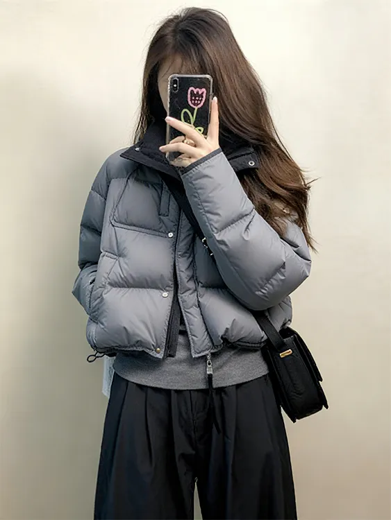 2025新款巨好看的加厚灰色短款洋气夹棉保暖棉服外套女款冬季棉袄