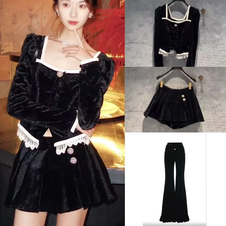辰辰辰小店黑色丝绒蕾丝边上衣半裙长裤