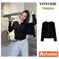 YINYUZHI/吟雨枝半开领修身早秋季显瘦气质长袖T恤9223