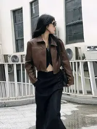 1856翻领拉链短款显瘦皮夹克