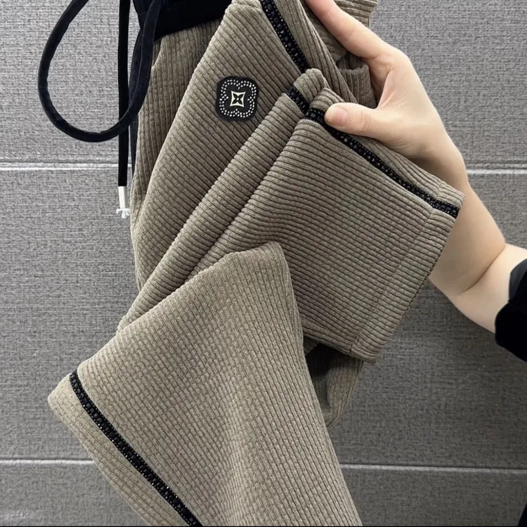 冬季新款休闲裤宽松直筒哈伦裤女装洋气拼接休闲显瘦松紧腰