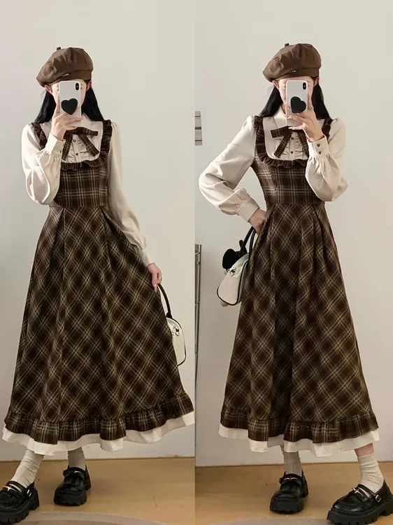 2025新款秋冬 法式复古格纹假两件衬衫连衣裙