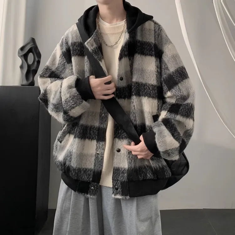 格子毛呢棉衣外套男款冬季潮牌休闲棉服韩版潮流宽松连帽夹克外套