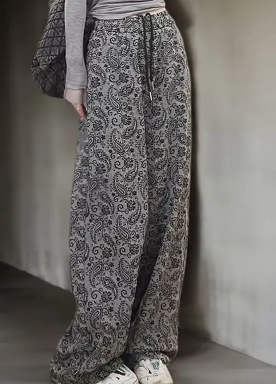 2025复古印花女夏季新款松紧腰显瘦百搭直筒阔腿休闲裤