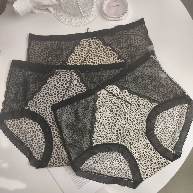 豹纹风潮内裤女蕾丝拼接网纱包臀性感中高腰三角裤女女士