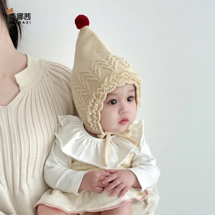 Beinaqian/贝娜茜婴儿帽子秋冬季宝宝女公主风毛线帽婴幼儿护耳帽