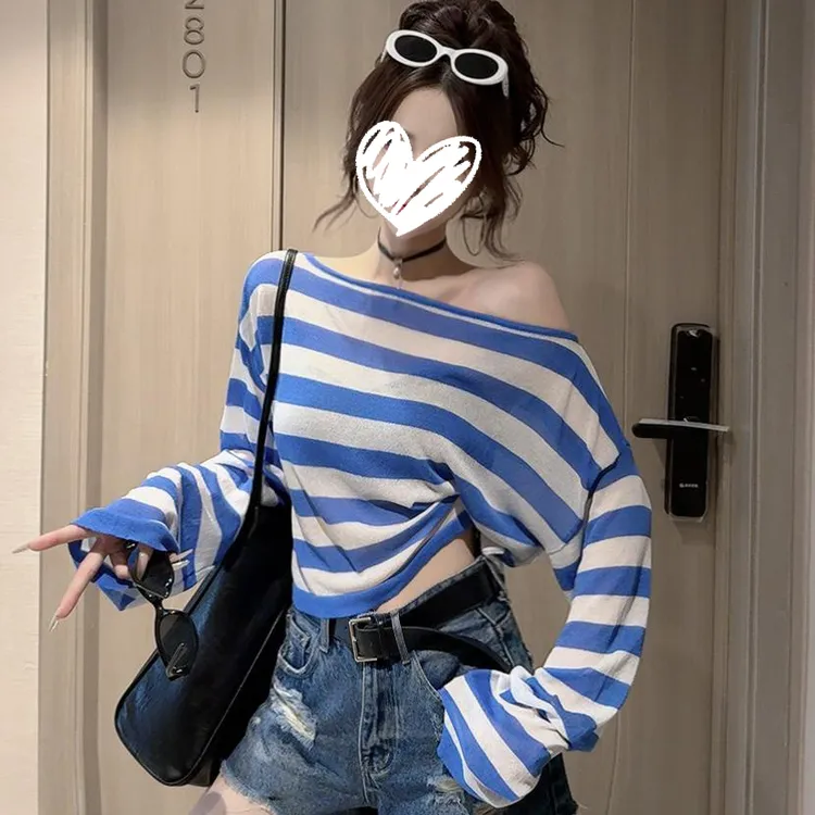 2025夏季新款时尚百搭显瘦经典撞色条纹T恤女宽松慵懒防晒上衣潮