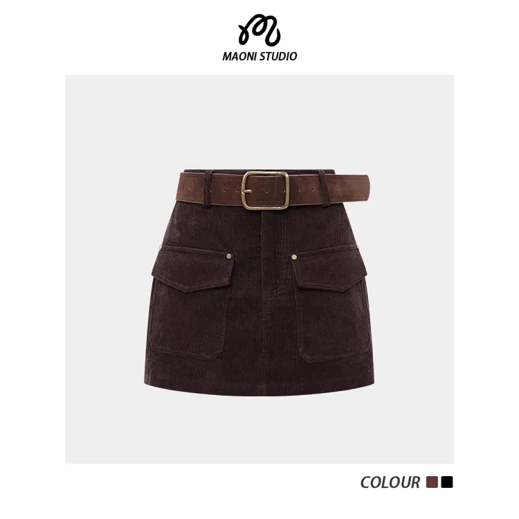 毛妮LADIESFIRST【古朴雅致】复古灯芯绒半身裙A字口袋短裤裙L2398