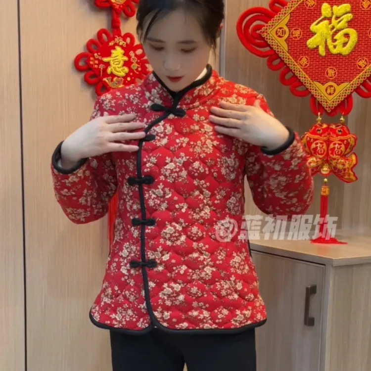 时尚妈妈装棉袄冬季加绒保暖东北大花袄复古民族风唐装棉衣外套女