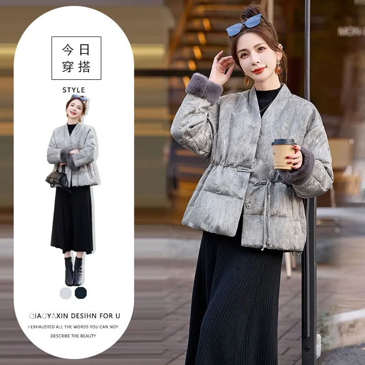 新中式国风收腰棉服外套女冬季大码胖mm高级独特好看V领保暖棉衣