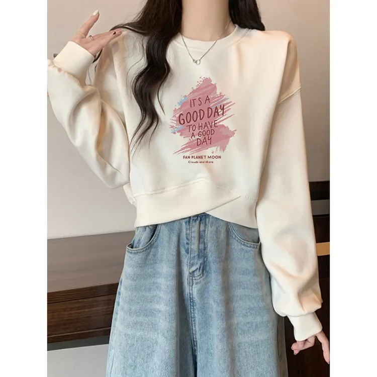 美式短款圆领卫衣女2025秋冬薄款加绒新款不规则小个子设计感上衣