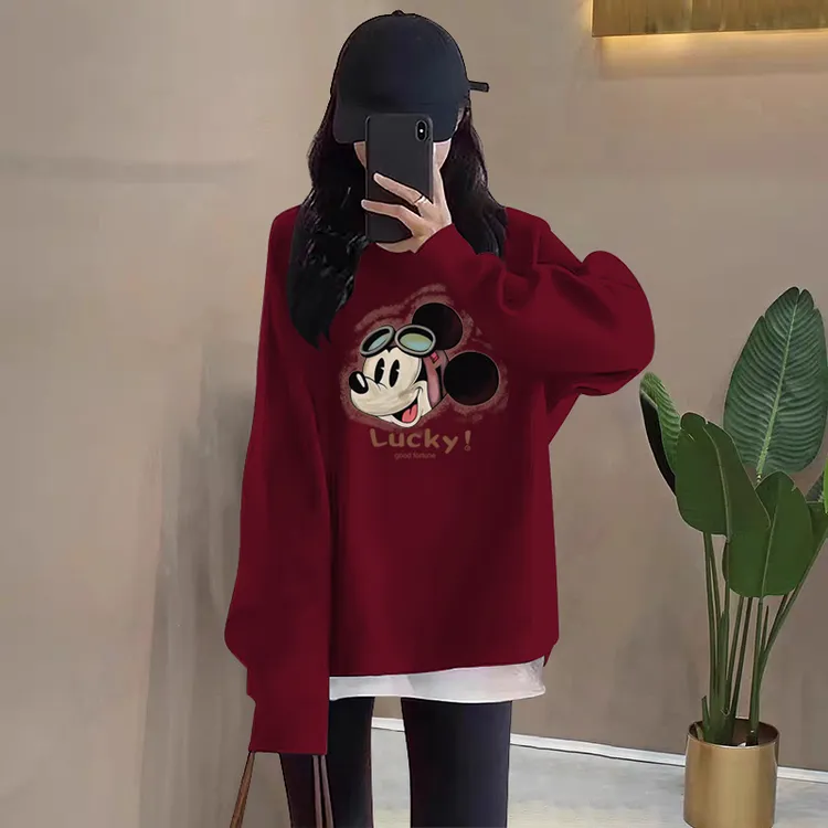 假两件圆领卫衣女2025秋冬新款宽松中长款遮屁股加绒加厚拼接上衣
