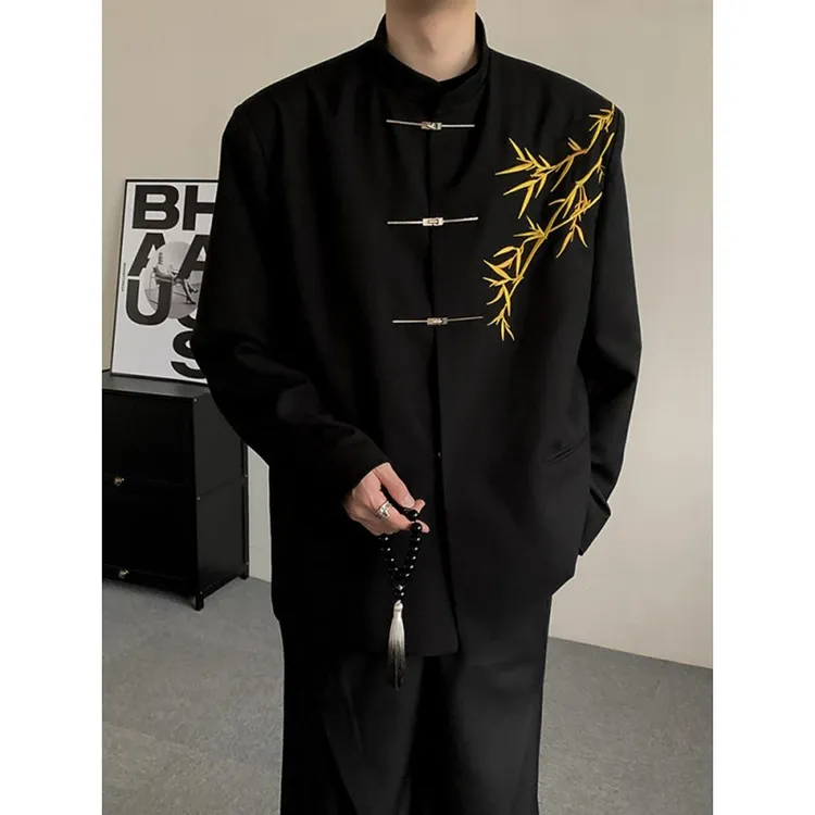 新中式男士订婚衣服套装国风立领中山装金竹刺绣男孩成人礼服西装