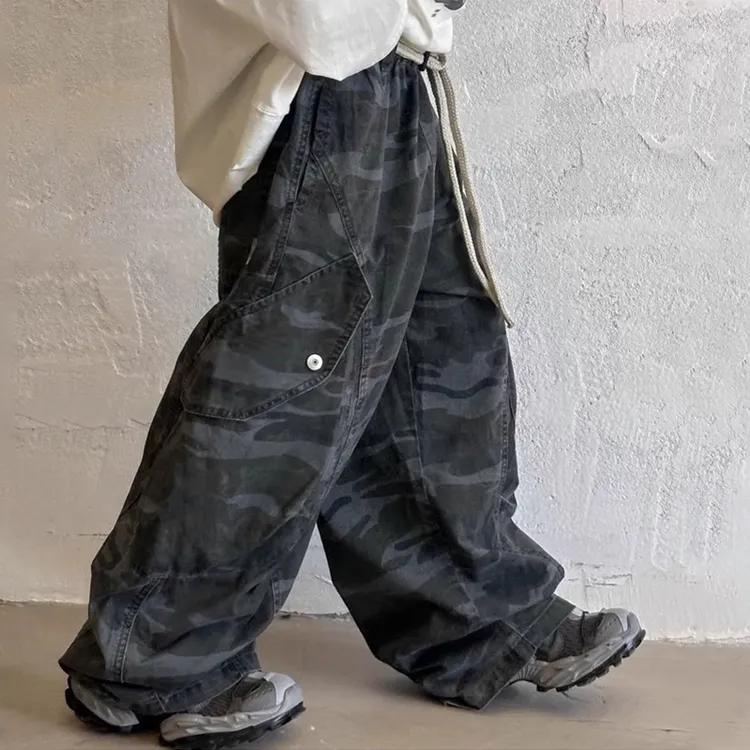 迷彩工装裤2025春新款宽松直筒休闲裤美式复古阔腿裤男童裤子童装