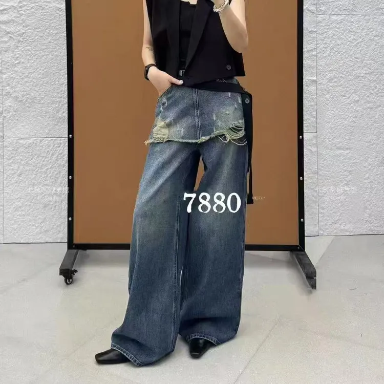 秋季新款半围直筒水洗做旧牛仔阔腿拖地裤
