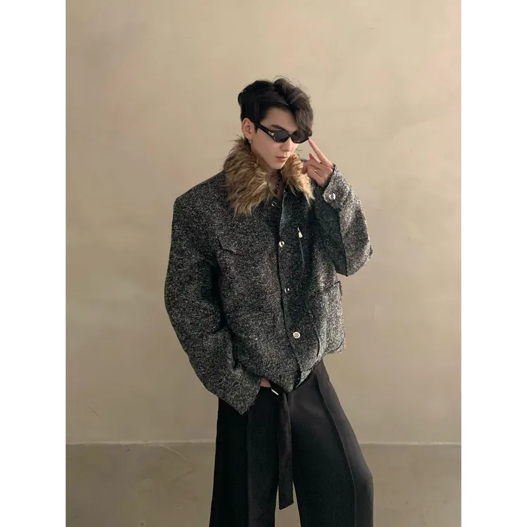 LINYILUCK/冬季小众轻奢毛领垫肩小香风夹克男高级感短款夹棉外套