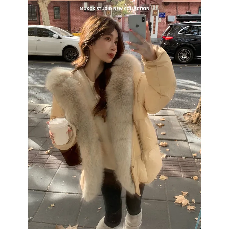 MUKOK 可溯源安心绒清洁纯白鸭绒连帽大毛领保暖中长款气质羽绒服