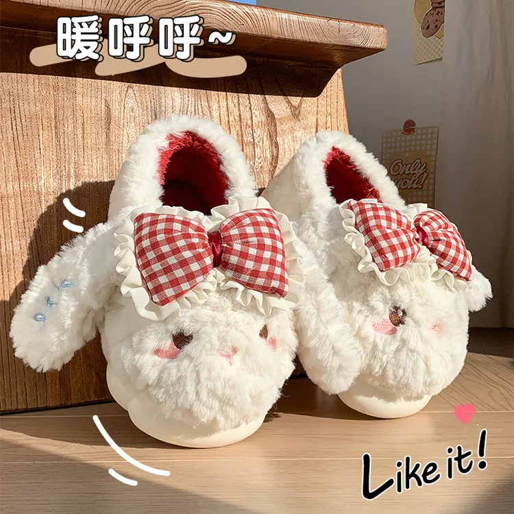 2025新款卡通棉拖鞋女秋冬季加绒加厚保暖厚底棉鞋蝴蝶结可爱居家