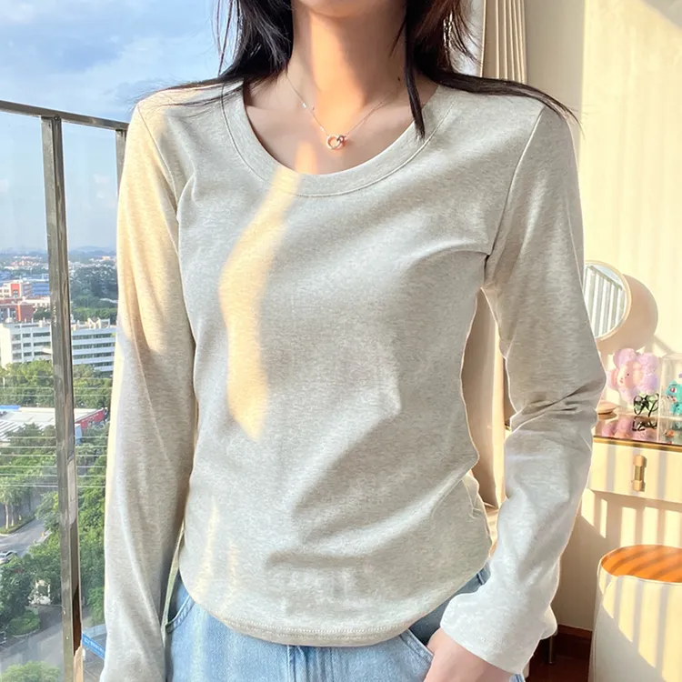 2025秋冬季新款纯色叠穿长袖打底衫U领上衣修身棉质白色正肩t恤女