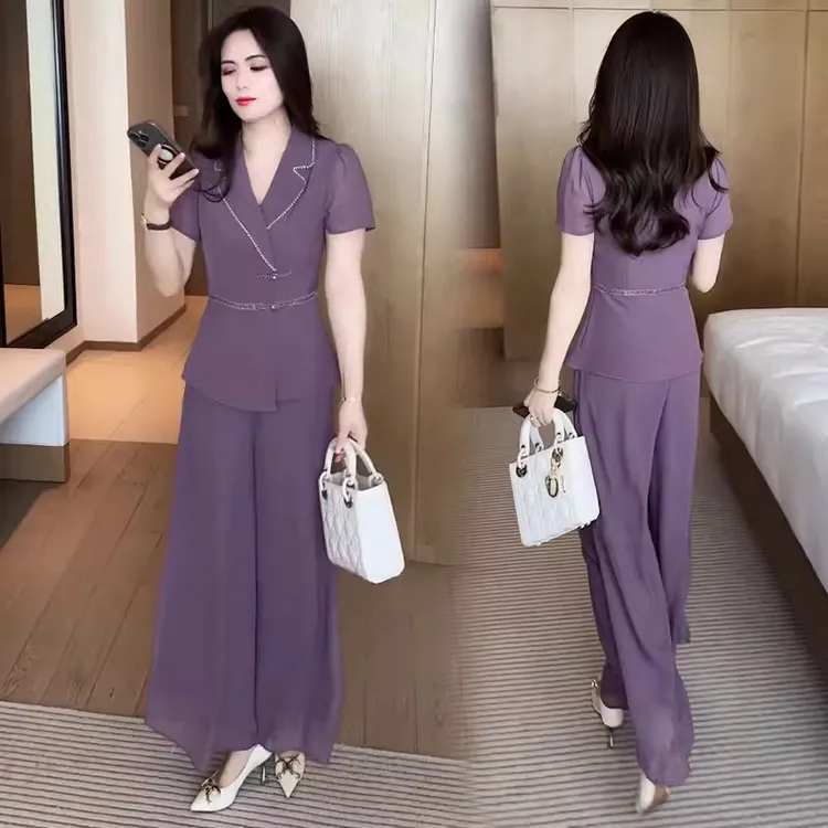 拉夏贝尔雪纺时尚套装女2025夏季新款新中式盘扣短袖阔腿裤两件套