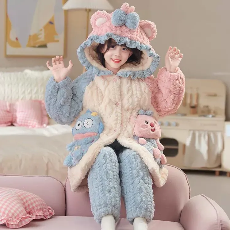 「三层加绒夹棉加厚」厚儿童睡衣新款冬季珊瑚绒女孩宝宝女童家居服
