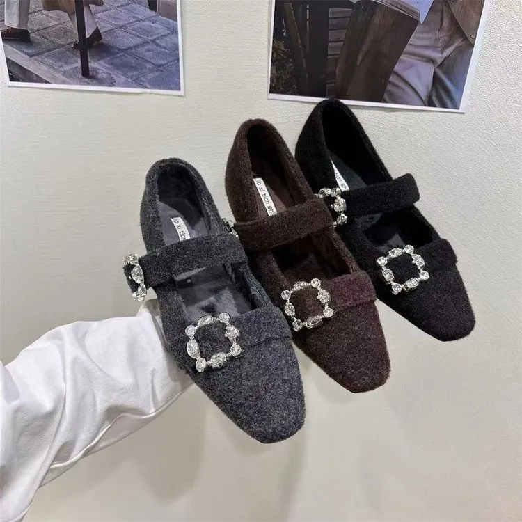 内增高玛丽珍毛毛鞋女冬外穿新款法式灰色呢子单鞋女厚底加绒棉鞋