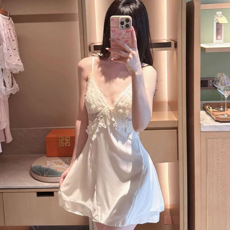 2025夏季新款刺绣冰丝蕾丝纯欲风吊带睡裙带胸垫睡袍家居服两件套