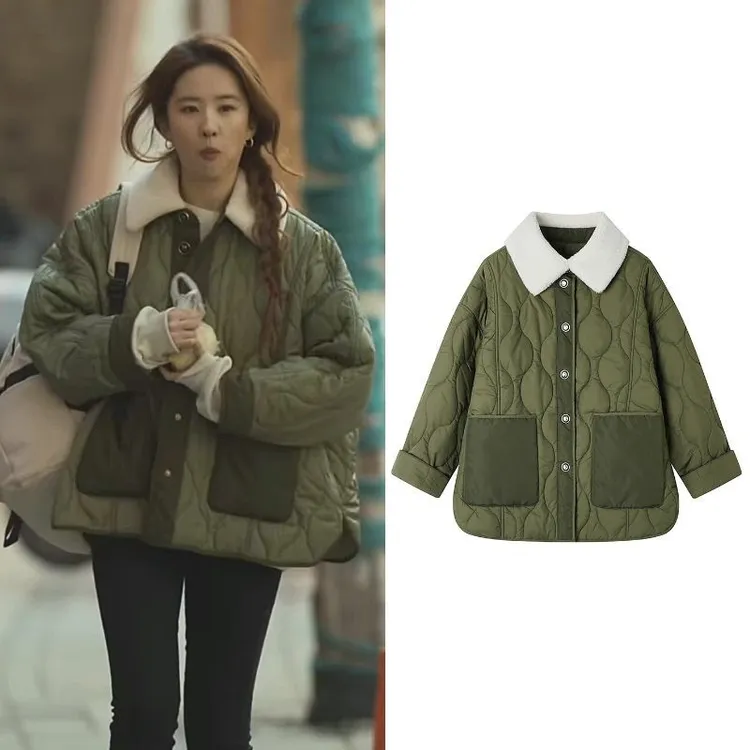 玫瑰的故事刘亦菲冬季韩版复古e绒服加厚翻领设计撞色棉服外套