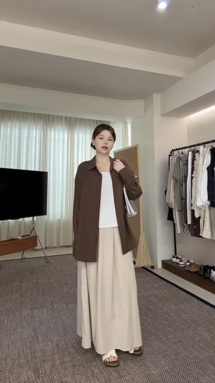 小廓形撞色设计打枣纽扣慵懒感衬衫长款半身裙套装