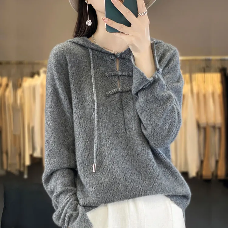 哥弟阿玛施正品中式盘扣镂空连帽纯羊毛衫女秋冬新款宽松保暖毛衣