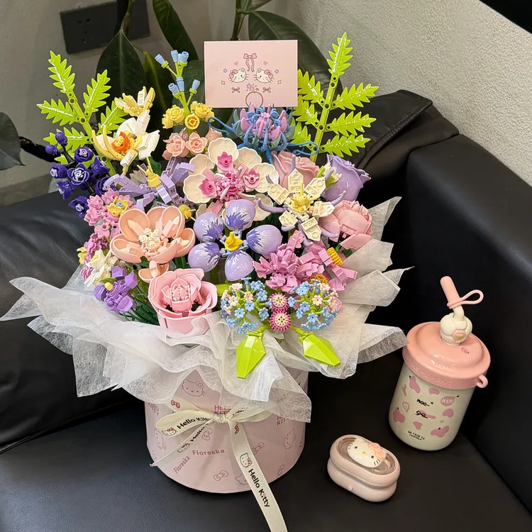 【哈喽kitty粉甜日常+罩】悠鹿迪积木花束拼装一整套DIY材料材料包