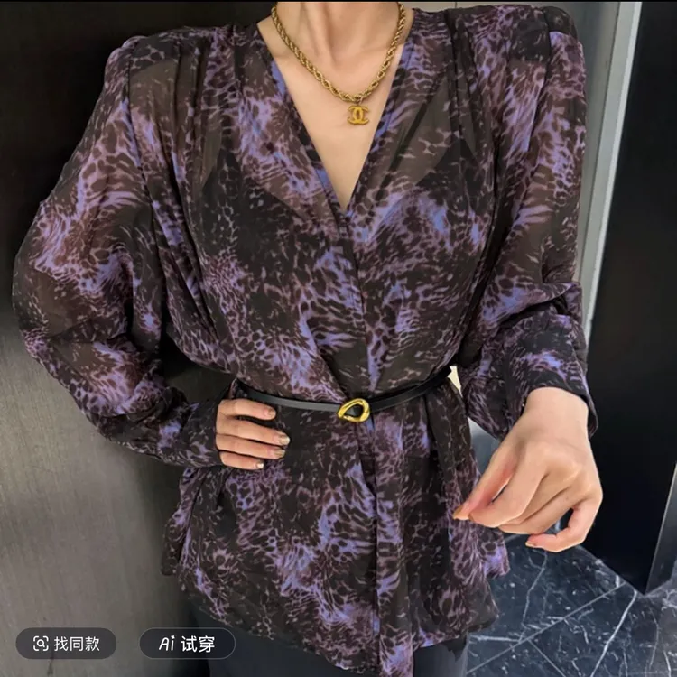 早秋法式复古轻奢油画印花宽松中长款衬衫女装收腰气质