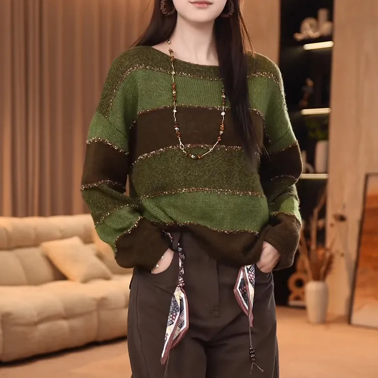 慵懒风撞色条纹长袖针织衫毛衣女2026春秋新款宽松显瘦打底衫上衣