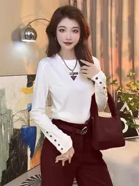 【诺哥专属】9953#圆领纯色百搭设计感T恤女法式修身显瘦上衣