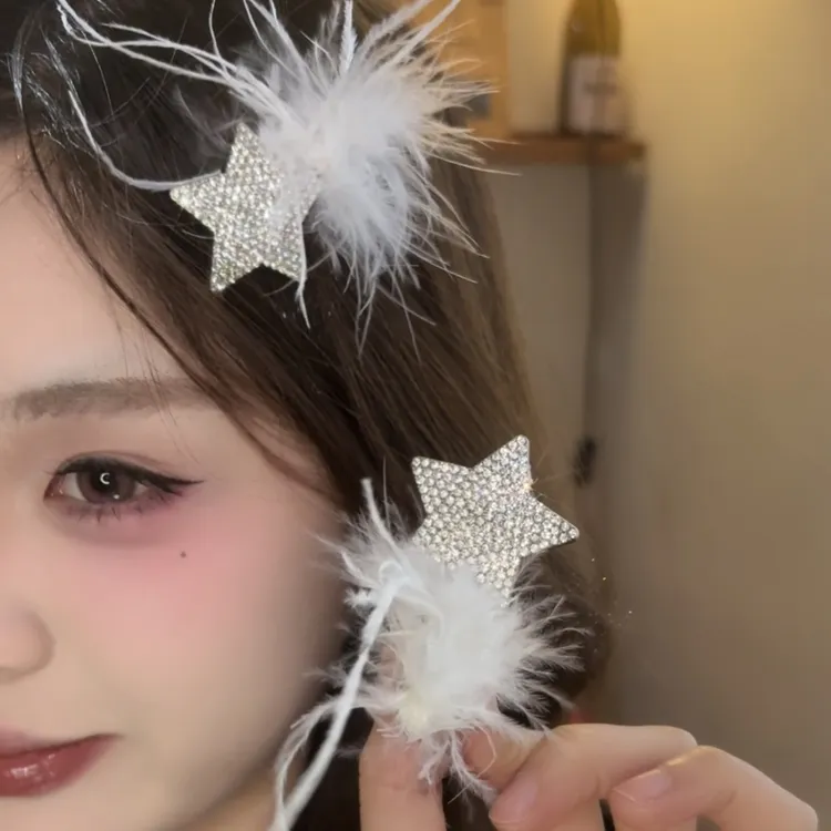 超仙白色羽毛闪钻星星发夹女刘海侧边夹网红百搭发卡夹子头饰发饰