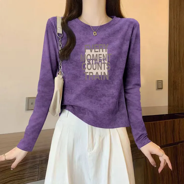 纯棉扎染美式复古长袖T恤女2025年新款秋冬季修身圆领打底衫上衣