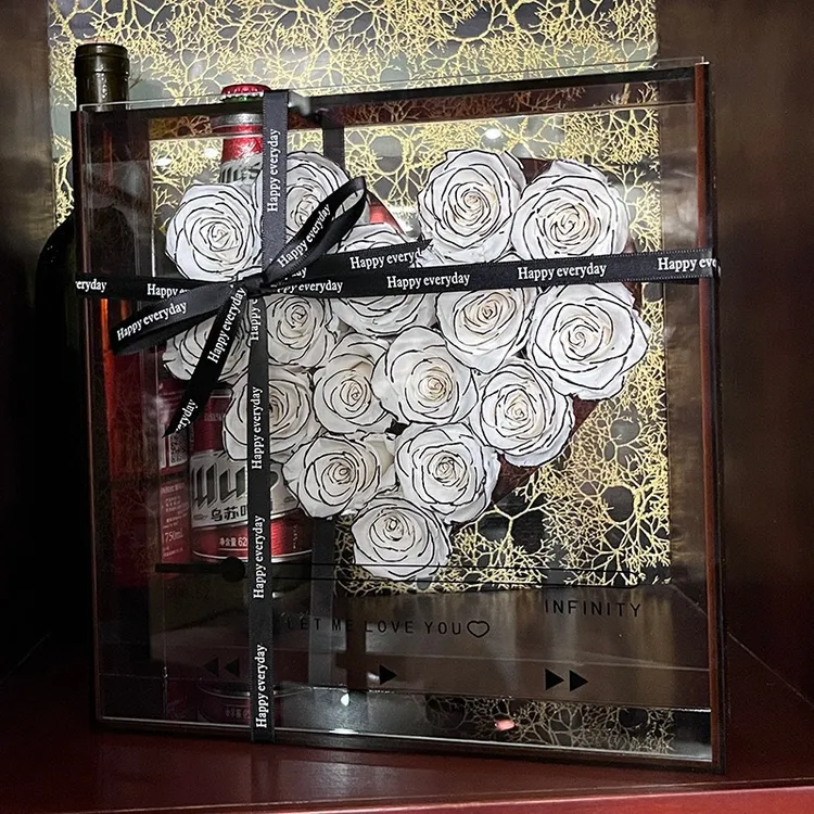 永生花花盒鲜花花束包装礼盒全透明方形亚克力空盒现货定制浪漫风
