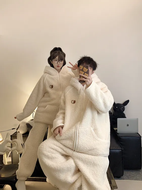 （羊羔绒）加厚保暖情侣拉链连帽家居服男女同款冬季可外穿家居服