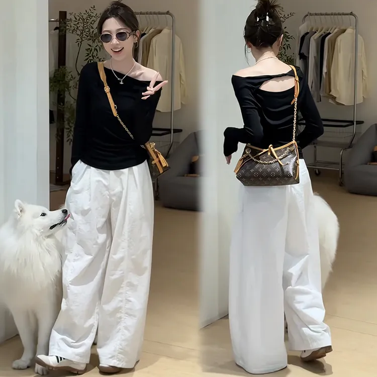 2025早秋新款韩系休闲显瘦气质露背设计感上衣百搭休闲裤套装韩版