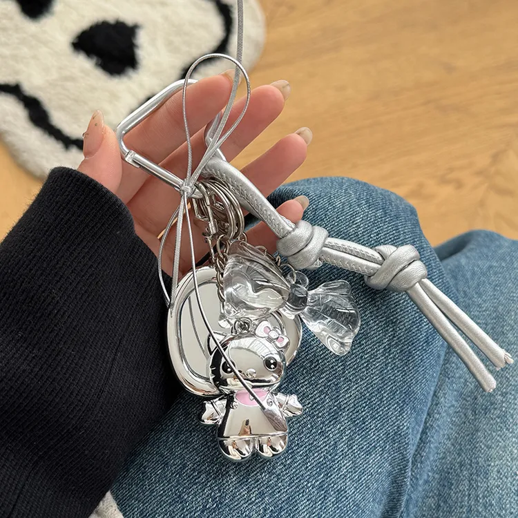 ins卡通kt猫包包挂件爱心镜子小众手工编织绳钥匙扣银色潮酷挂饰